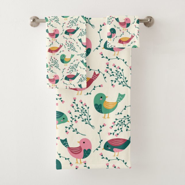 Cute Pink and Green Birds Botanical Pattern Bath Towel Set (Insitu)