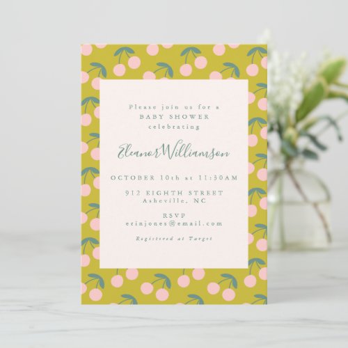 Cute Pink and Green Cherry Fruit Baby Shower Invitation