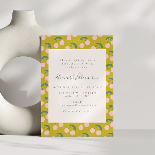 Cute Pink and Green Cherry Fruit Bridal Shower Invitation
