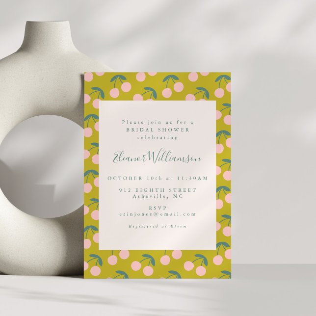 Cute Pink and Green Cherry Fruit Bridal Shower Invitation (Creator Uploaded)