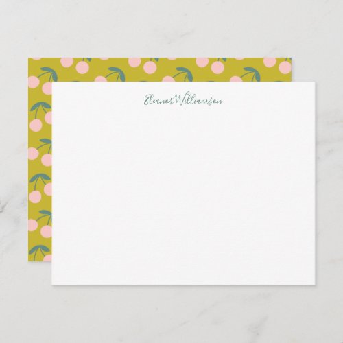 Cute Pink and Green Cherry Fruit Personalized Name Note Card