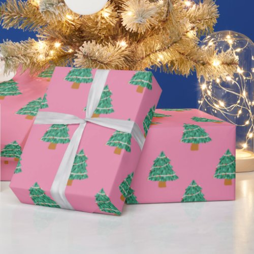 Cute Pink and Green Christmas Trees Pattern Wrapping Paper