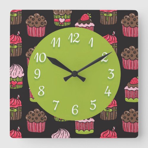 Cute Pink and Green Cupcakes on Black Square Wall Clock