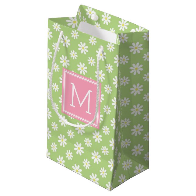 Cute Pink and Green Daisies Pattern Personalized Small Gift Bag (Front Angled)