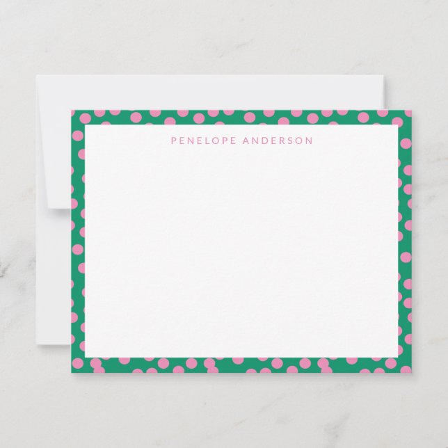 Cute Pink and Green Dots Pattern Personalized Note Card (Front)