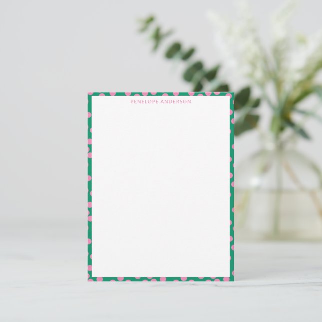 Cute Pink and Green Dots Personalized Stationery Note Card (Standing Front)
