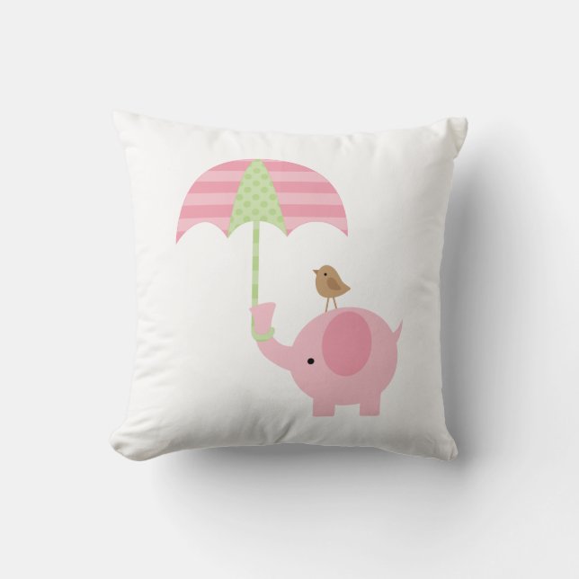 Cute Pink and Green Elephant Throw Pillow (Front)