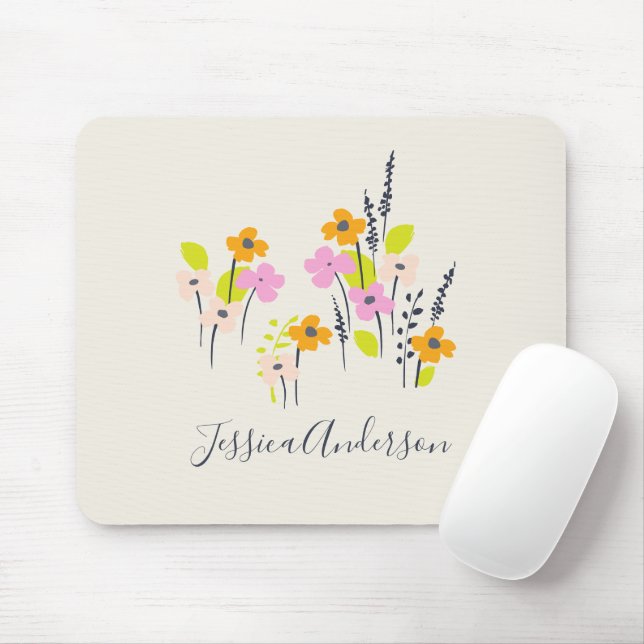 Cute Pink and Green Flowers | Personalized Name Mouse Pad (With Mouse)