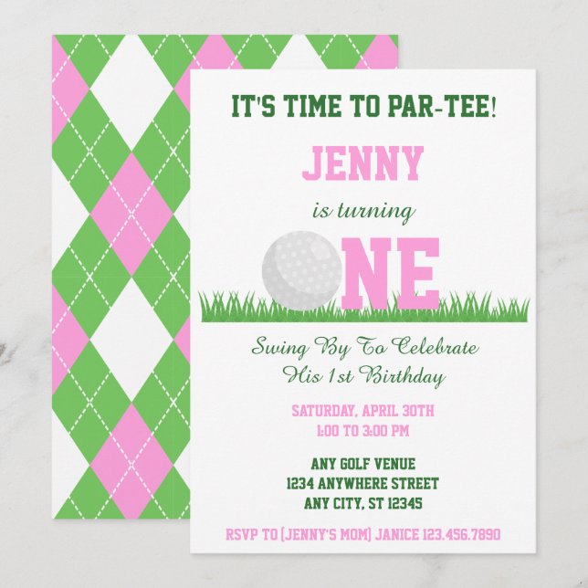 Cute Pink and Green Golf Par-Tee 1st Birthday  Invitation (Front/Back)