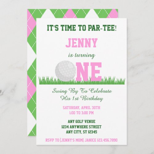 Cute Pink and Green Golf Par_Tee 1st Birthday  Invitation