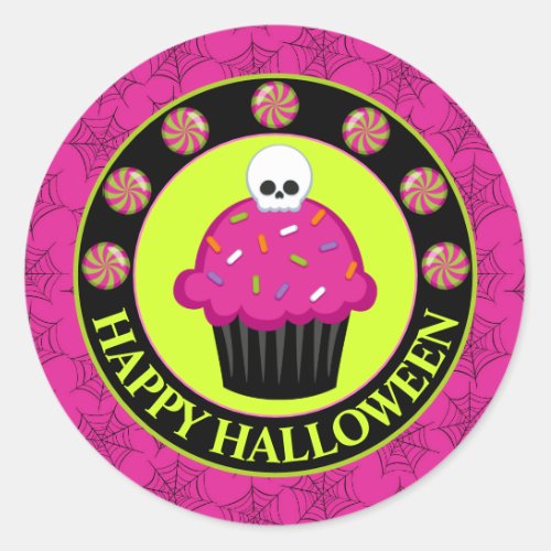 Cute Pink and Green Halloween skull cupcake Classic Round Sticker