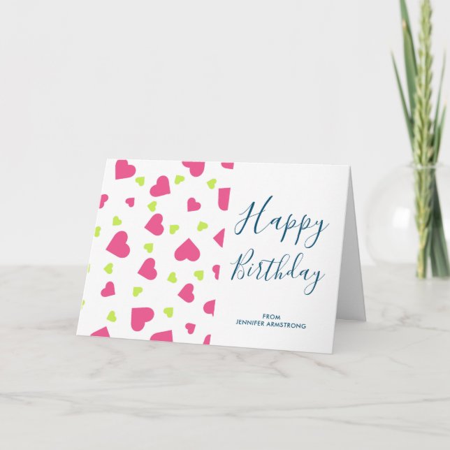Cute Pink and Green Hearts Pattern Birthday Card (Front)