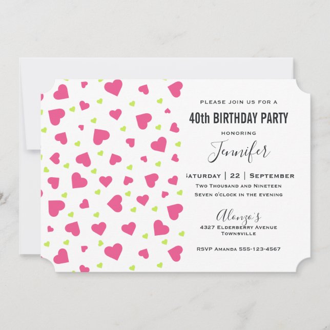 Cute Pink and Green Hearts Pattern Birthday Invitation (Front)