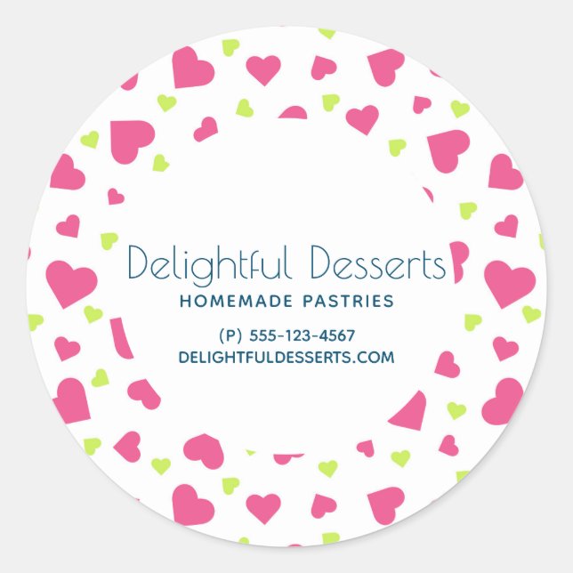 Cute Pink and Green Hearts Pattern Business Classic Round Sticker (Front)