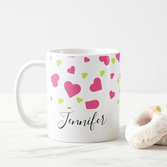 Cute Pink and Green Hearts Pattern Coffee Mug (With Donut)