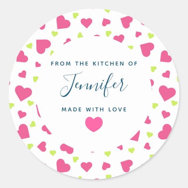 Cute Pink and Green Hearts Pattern Kitchen Classic Round Sticker (Front)