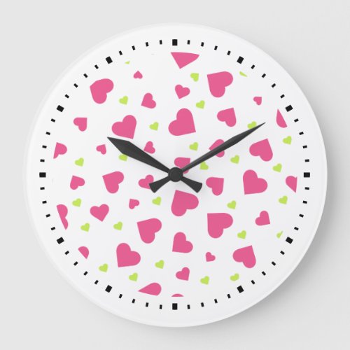 Cute Pink and Green Hearts Pattern Large Clock