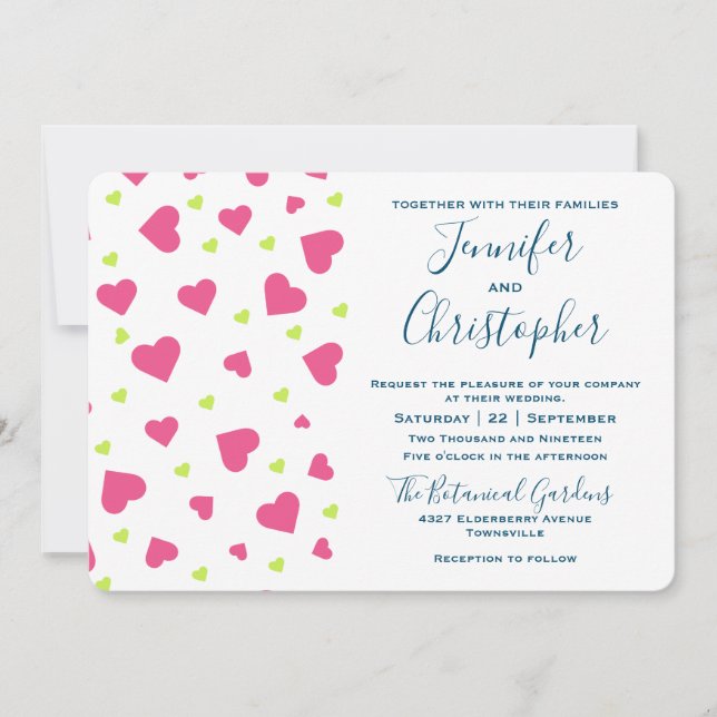 Cute Pink and Green Hearts Pattern Wedding Invitation (Front)