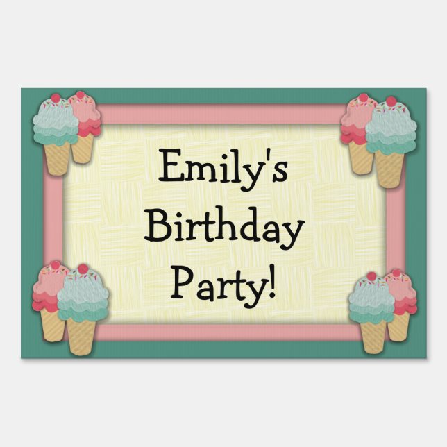Cute Pink and Green Ice Cream Birthday Party Yard Sign (Front)