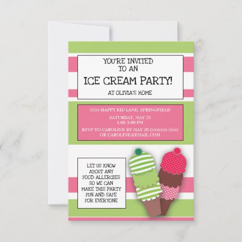 Cute Pink and Green Ice Cream Party Invitation