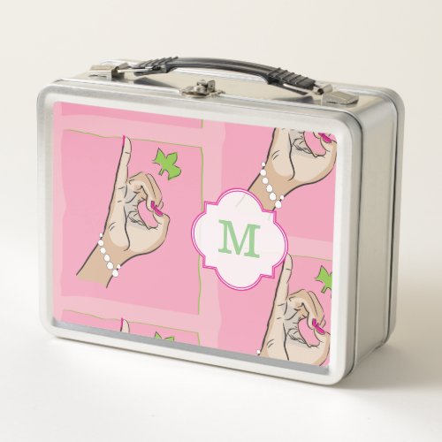 Cute pink and green metal lunch box