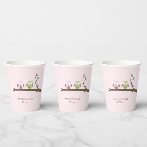 Cute Pink and Green Owls Baby Shower Paper Cups