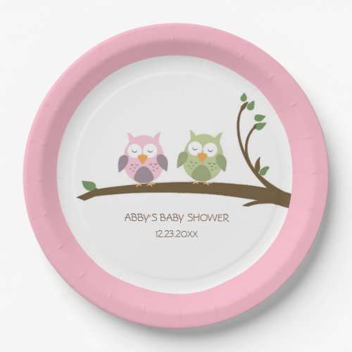 Cute Pink and Green Owls Baby Shower Paper Plate