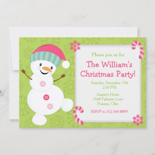 Cute Pink and Green Snowman Christmas Party Invitation