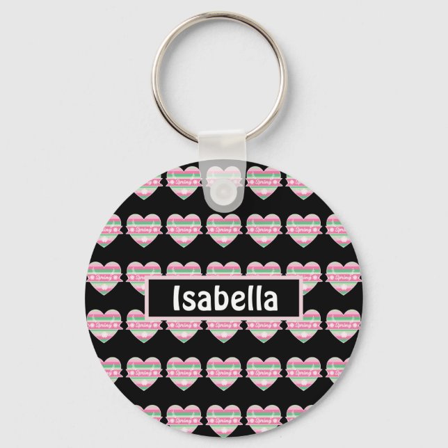 Cute Pink And Green Spring Hearts Keychain (Front)