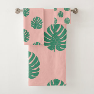 Cute Pink and Green Tropical Monstera Leaf Pattern Bath Towel Set