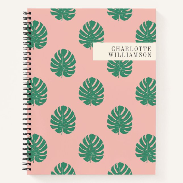 Cute Pink and Green Tropical Monstera Leaf Pattern Notebook (Front)