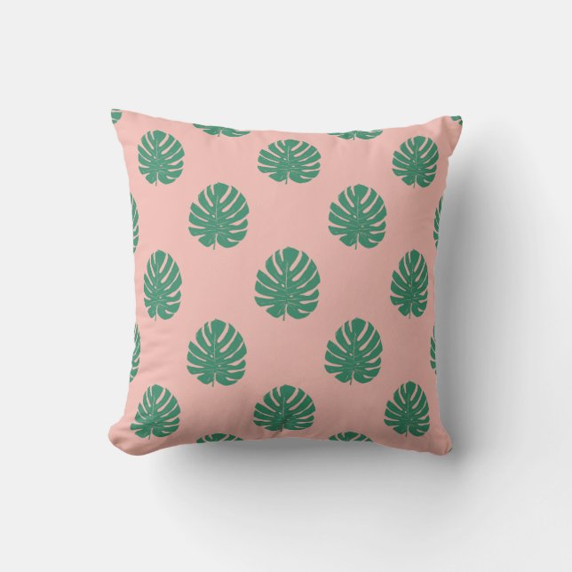 Cute Pink and Green Tropical Monstera Leaf Pattern Throw Pillow (Front)