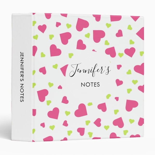 Cute Pink and Green Tumbling Hearts Pattern 3 Ring Binder (Front/Spine)