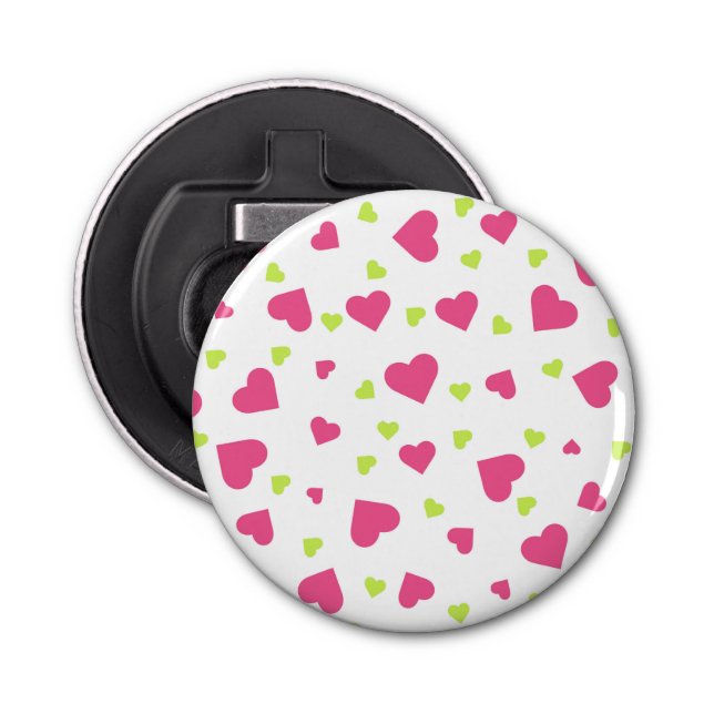 Cute Pink and Green Tumbling Hearts Pattern Bottle Opener (Front)