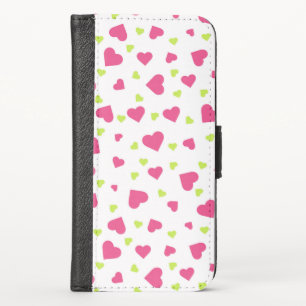 Cute Pink and Green Tumbling Hearts Pattern iPhone X Wallet Case