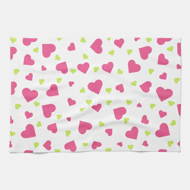 Cute Pink and Green Tumbling Hearts Pattern Kitchen Towel (Horizontal)