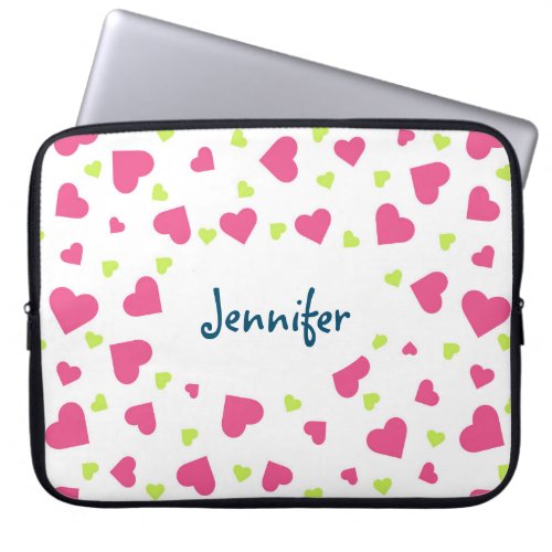 Cute Pink and Green Tumbling Hearts Pattern Laptop Sleeve