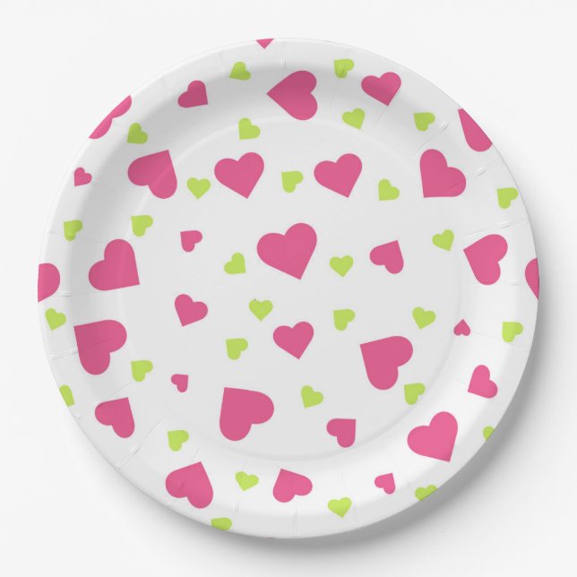 Cute Pink and Green Tumbling Hearts Pattern Paper Plates (Front)