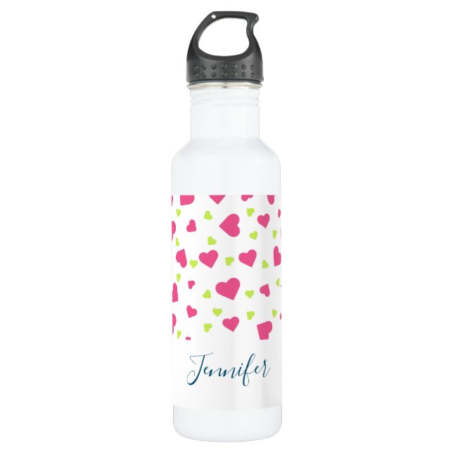 Cute Pink and Green Tumbling Hearts Pattern Stainless Steel Water Bottle (Front)