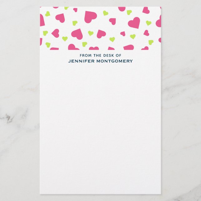 Cute Pink and Green Tumbling Hearts Pattern Stationery (Front)