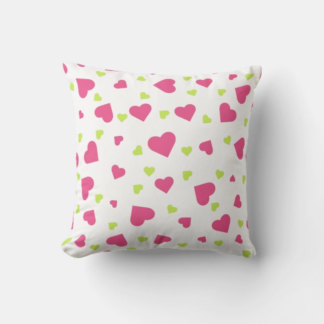 Cute Pink and Green Tumbling Hearts Pattern Throw Pillow (Front)