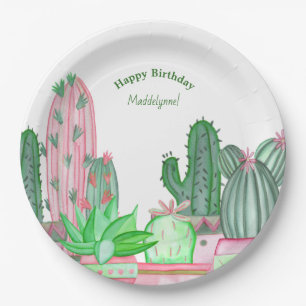 Cute Pink and Green Watercolor Cactus Birthday Pap Paper Plates