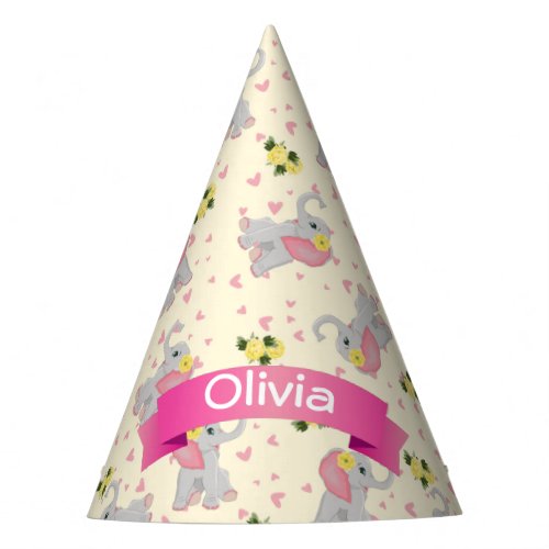 Cute Pink and grey Elephant Floral Birthday Party Hat