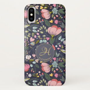 Cute pink and grey floral pattern monogram name iPhone x case