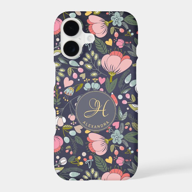 Cute pink and grey floral pattern monogram name iphone case (Back)