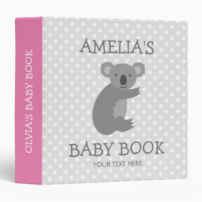 Cute pink and grey koala bear new baby binder (Front/Spine)