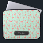Cute Pink and Mint Flamingo Pattern | Add Name Laptop Sleeve<br><div class="desc">This is a drawing of a flamingo bird that was made into a pattern. The background is a pretty mint color.  There is a frame in the design where you can have your name printed.</div>