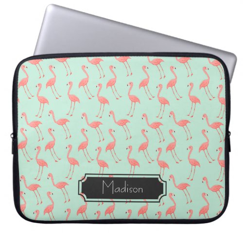Cute Pink and Mint Flamingo Pattern  Add Name Laptop Sleeve