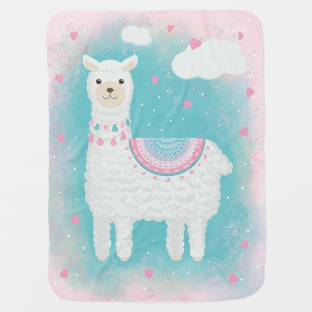 Cute pink and mint llama baby blanket (Front)