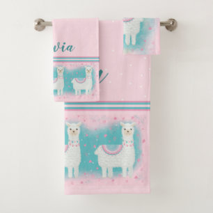 Cute pink and mint llama pattern bath towel set